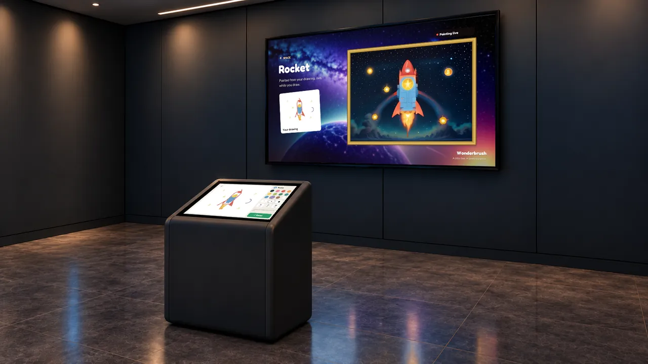 AI Painter kiosk and large display showing a rocket-themed drawing.