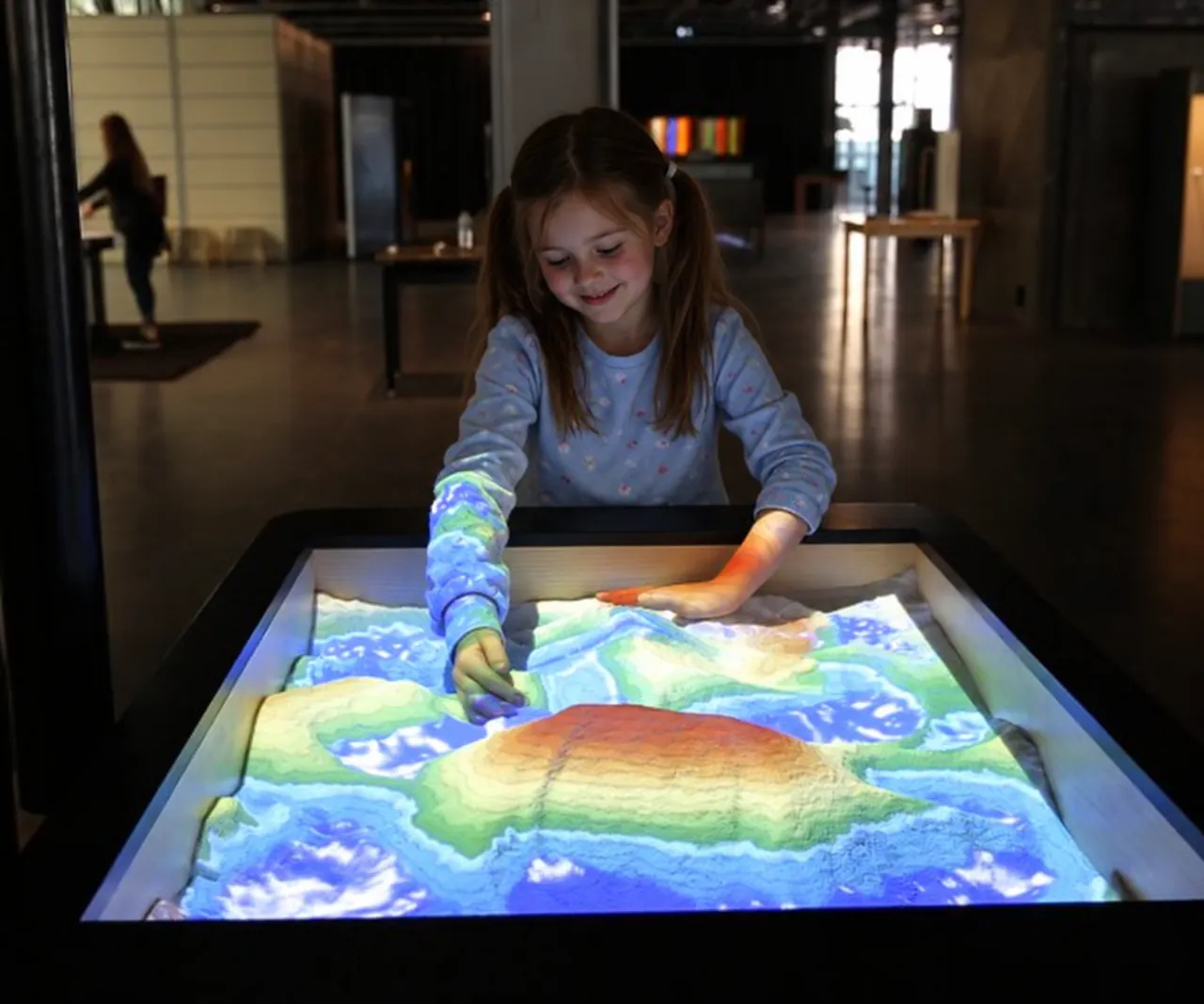 Child shaping projected terrain on an AR Sandbox table.