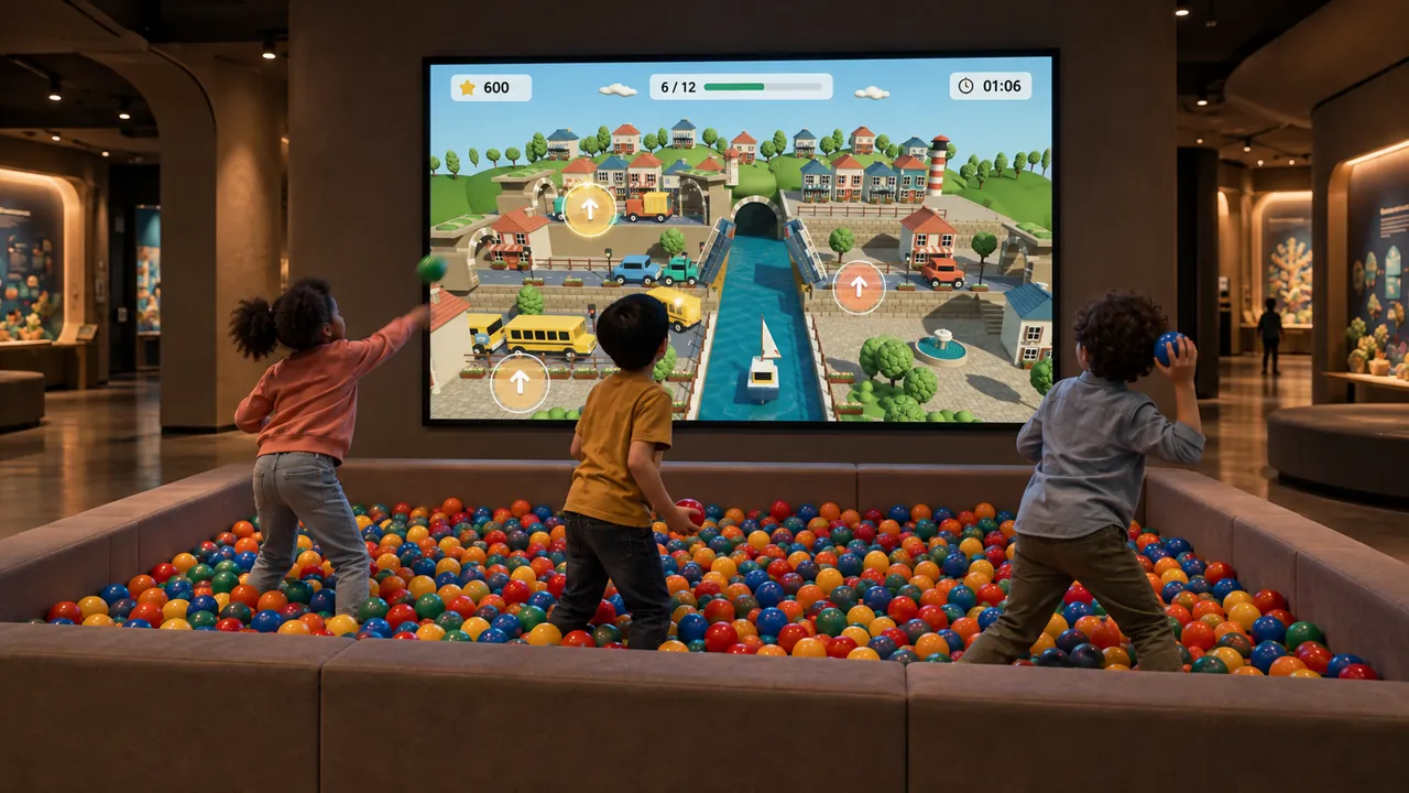 Wide view of the Ball Wall projection with the Toy Town experience.