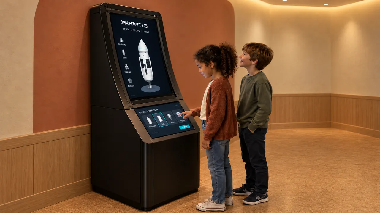 Children using the lower controls of a spacecraft exhibit with an upper mission display.