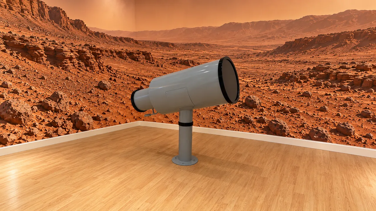 Digital Telescope pedestal and viewing enclosure against a Mars landscape backdrop.