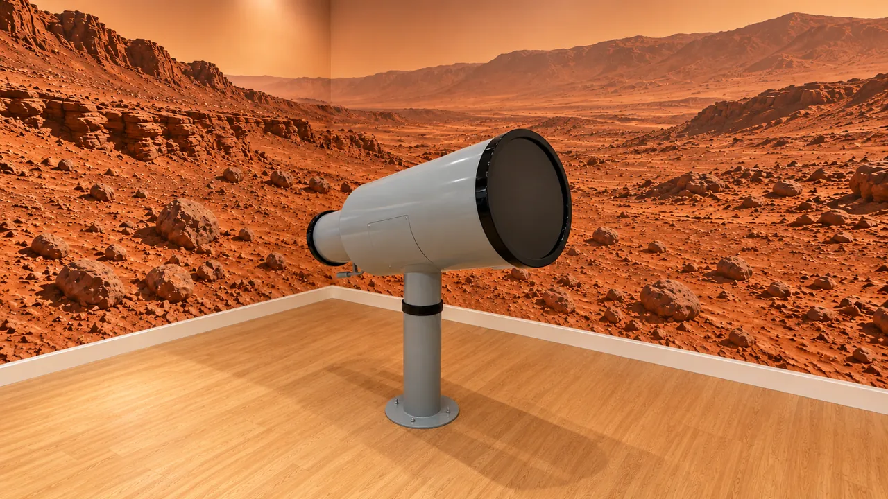 Telescope-shaped exhibit on a floor pedestal in a Mars-themed room.