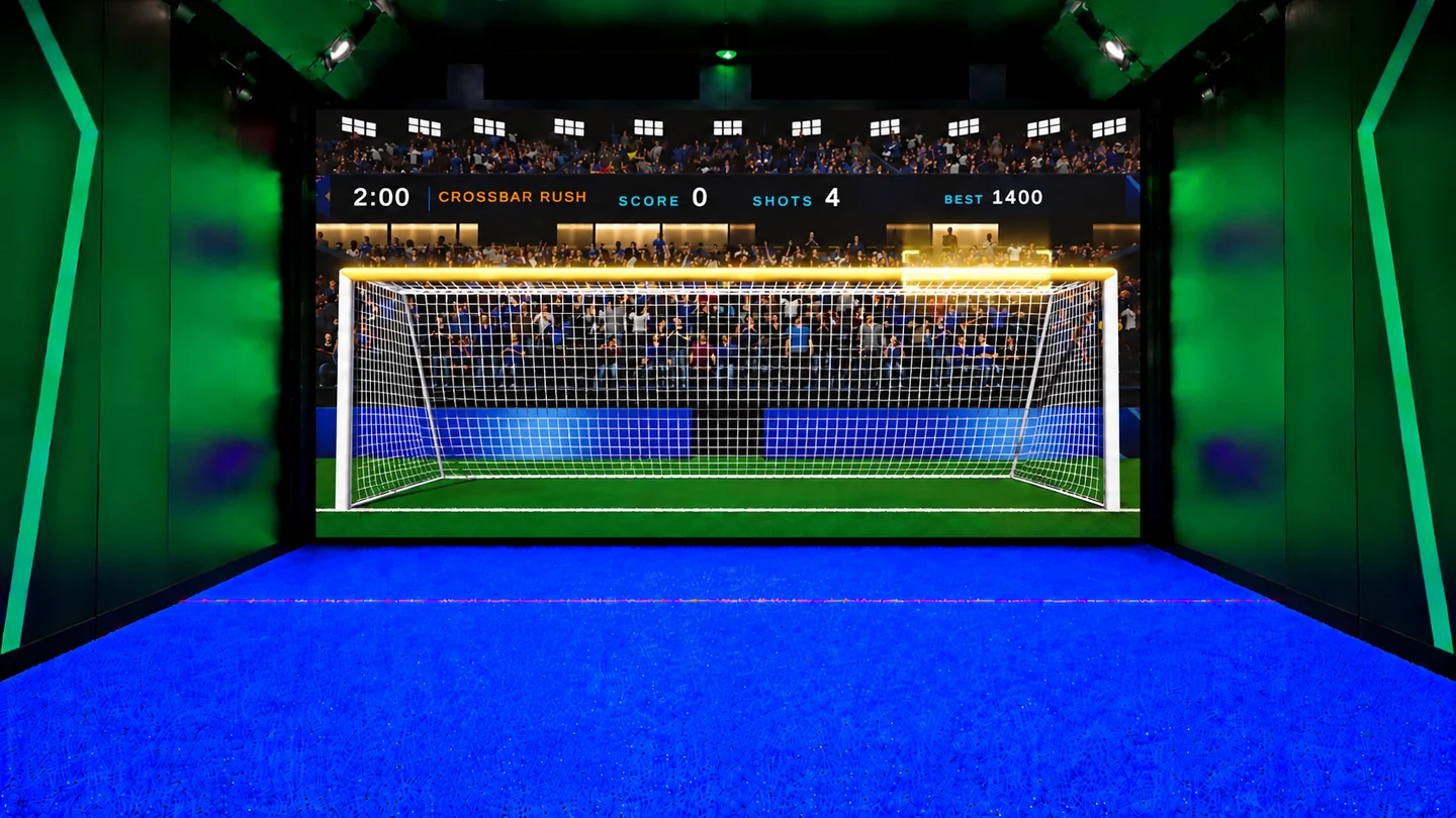 Football Wall play area with Crossbar Rush and its illuminated crossbar target on the projection screen.