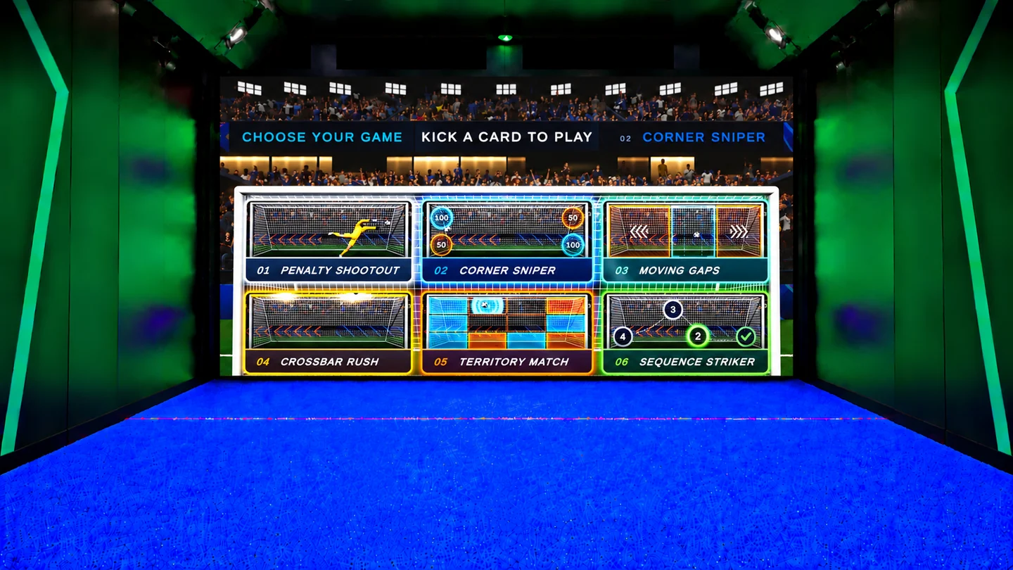 Football Wall projection showing the six-game selection menu in an empty play area.