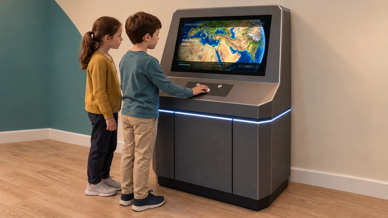 Children exploring the How Big Is Universe screen at a freestanding control kiosk.