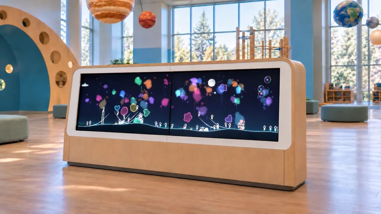 Angled view of the Little Astronauts wooden cabinet and paired touchscreens.