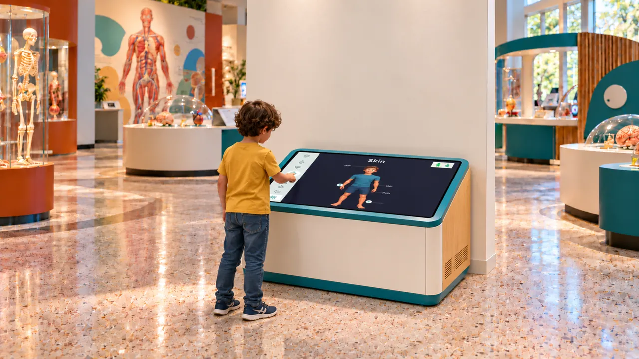 Child exploring a horizontal Our Body anatomy touchscreen.