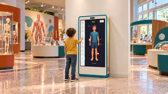 طفل يستخدم شاشة Our Body التفاعلية لاستكشاف جسم الإنسان.
