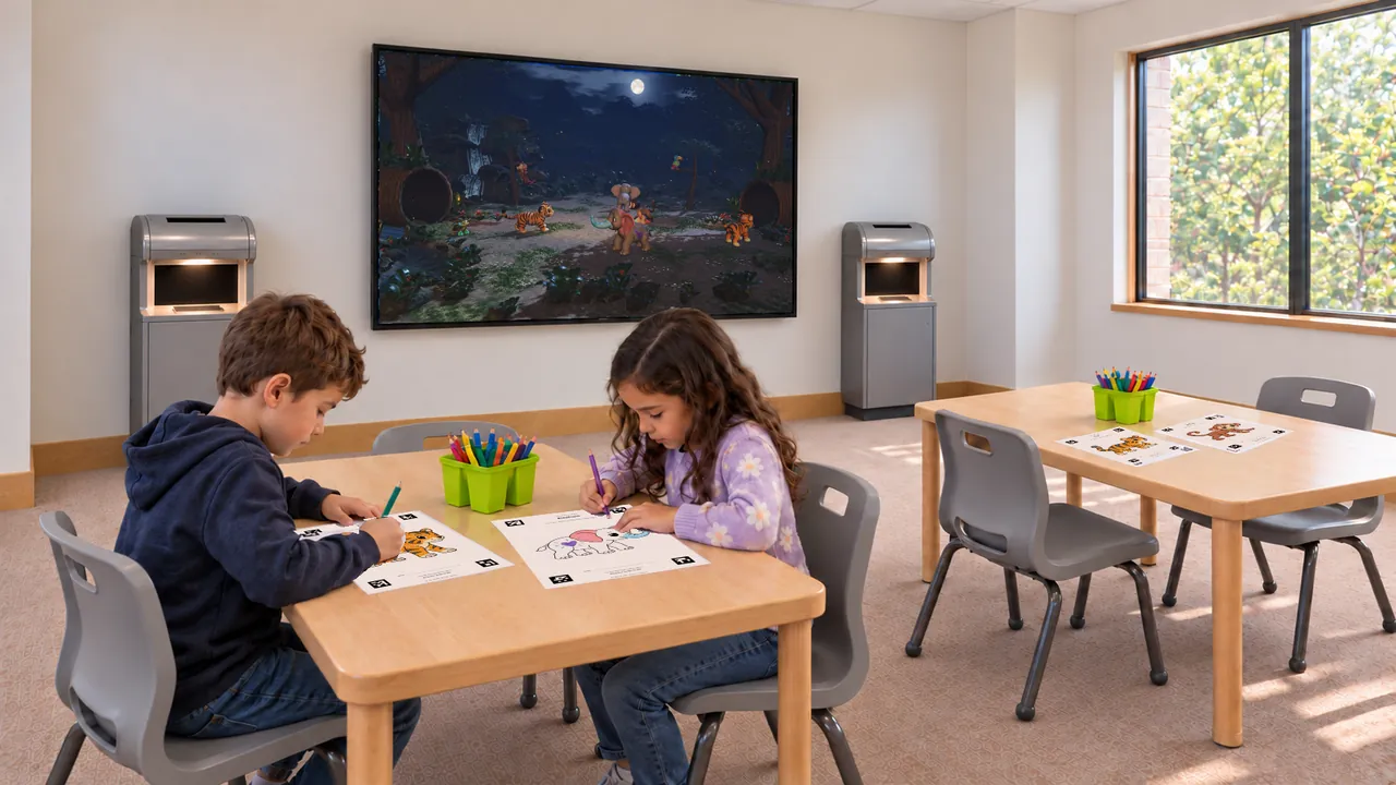 Two children coloring jungle templates at wooden tables beside scanning stations and a jungle display.