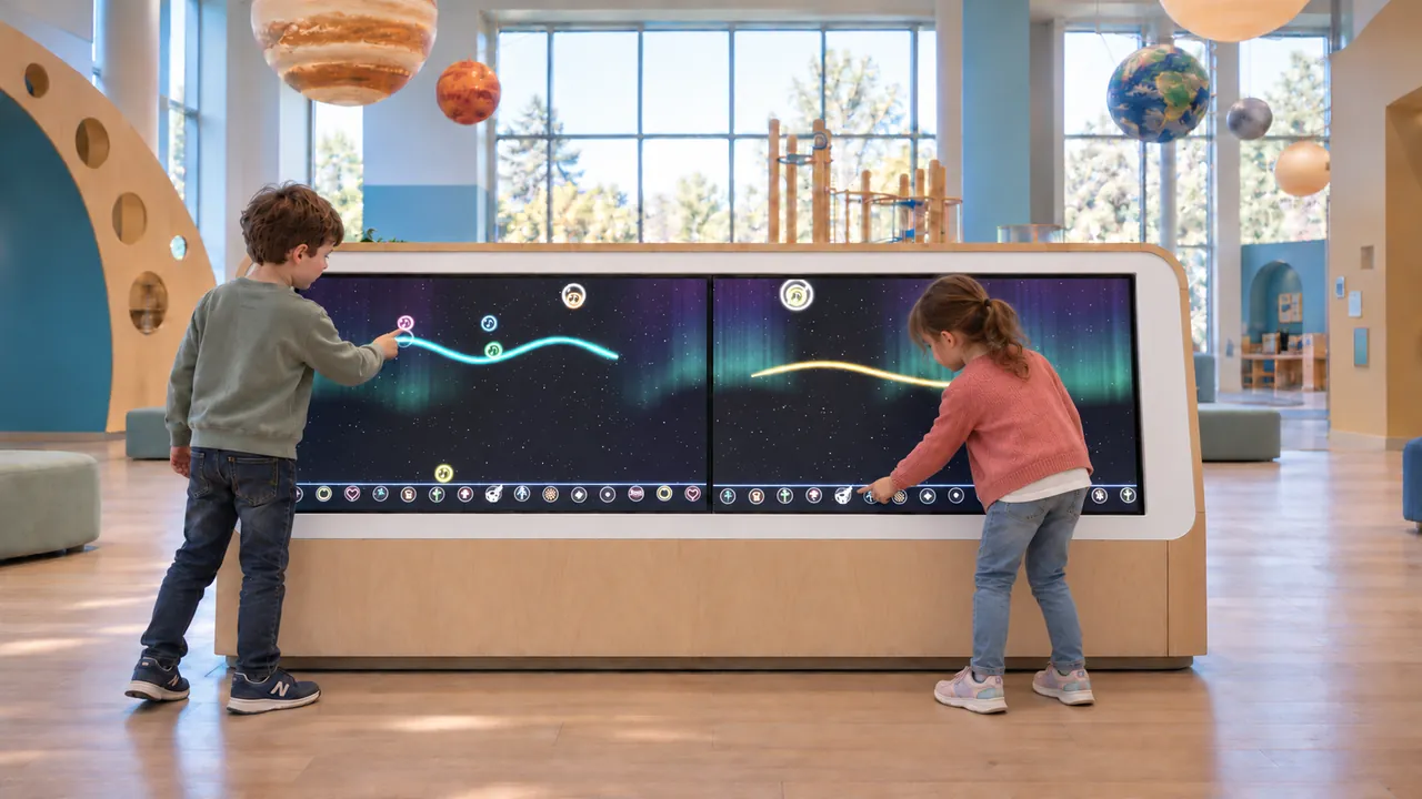 Children drawing on the paired touchscreens of the Sketch Music exhibit.