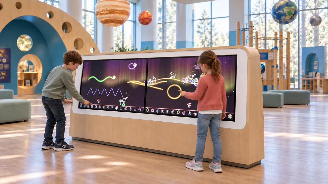 Children drawing on the Sketch Music touchscreens, seen from the right side.
